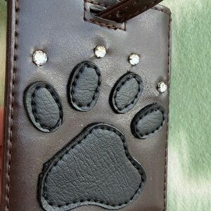 Brown Faux Leather Luggage Tag with Paw Print and Rhinestones